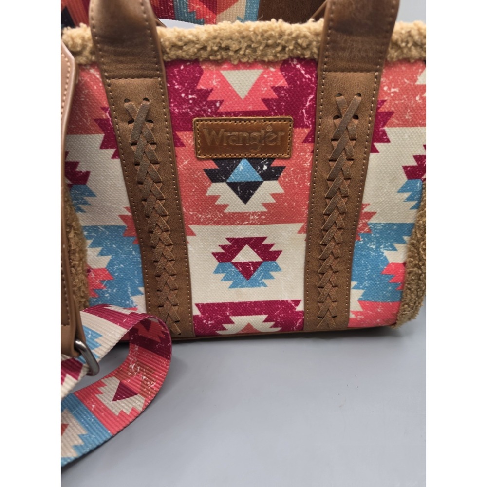 Wrangler Aztec Sherpa Southwestern Tote Crossbody Purse Western Canvas Brown - Picture 2 of 8
